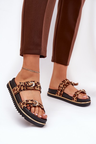 Women's leopard print platform sandals with straps and buckles brown Ziferte