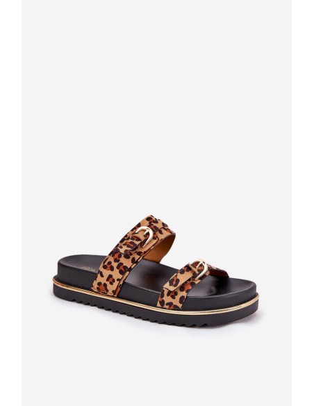 Women's leopard print platform sandals with straps and buckles brown Ziferte