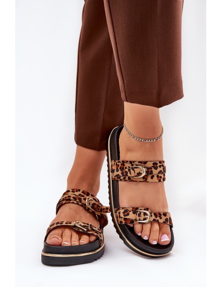 Women's leopard print platform sandals with straps and buckles brown Ziferte
