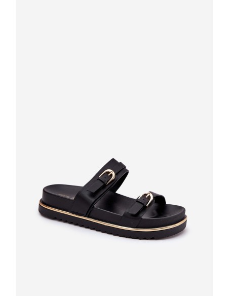 Moteriškos šlepetės su plokštuma su dirželiais ir sagtimis Juodos spalvos Ziferte