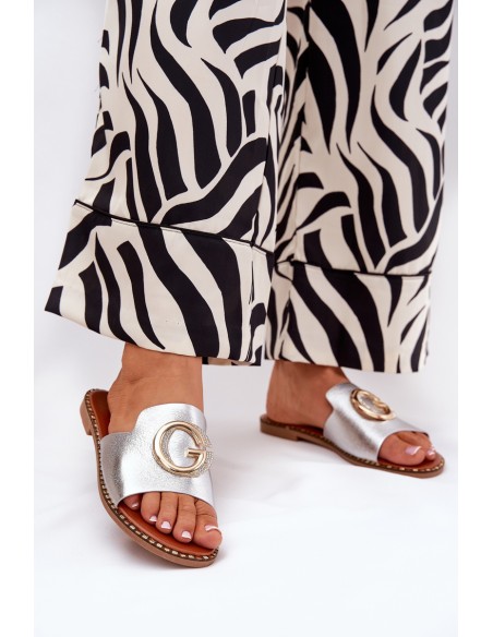 Eco Leather Flat Sandals For Women With Decorative Detail Silver Frelie