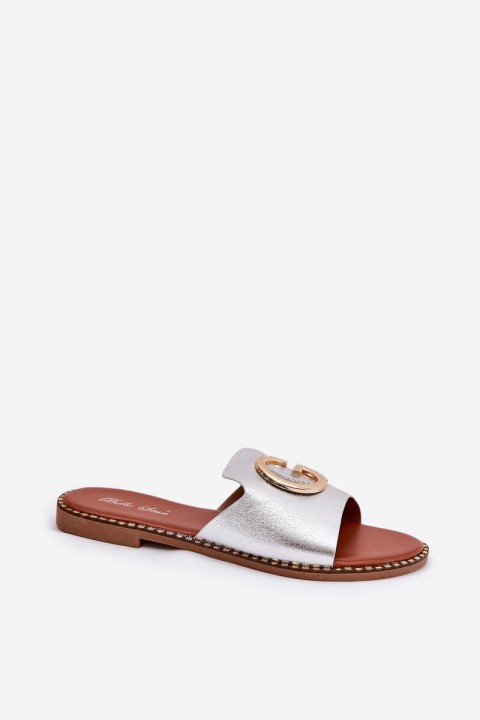 Eco Leather Flat Sandals For Women With Decorative Detail Silver Frelie