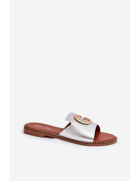 Eco Leather Flat Sandals For Women With Decorative Detail Silver Frelie