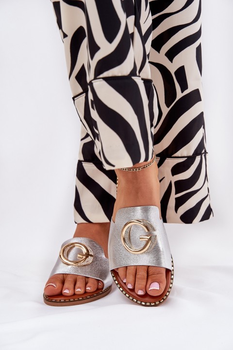 Eco Leather Flat Sandals For Women With Decorative Detail Silver Frelie