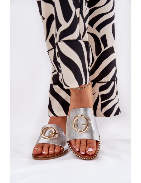 Eco Leather Flat Sandals For Women With Decorative Detail Silver Frelie