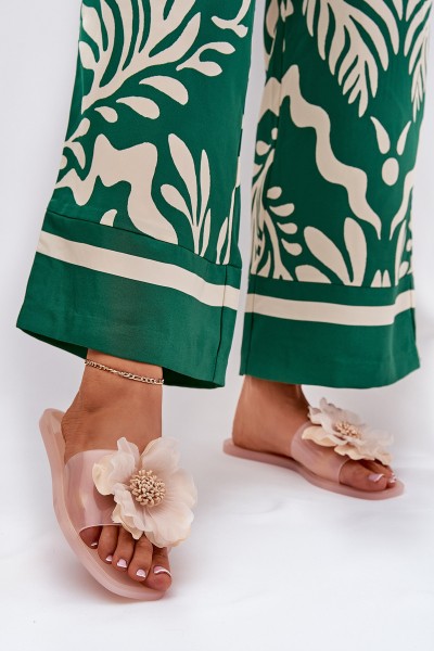 Transparent Flat Ladies Slippers With Artificial Flower Nude Vobetta