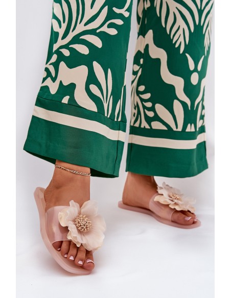 Transparent Flat Ladies Slippers With Artificial Flower Nude Vobetta
