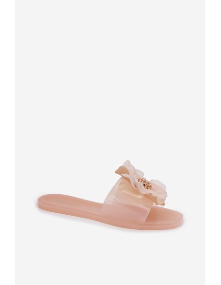 Transparent Flat Ladies Slippers With Artificial Flower Nude Vobetta