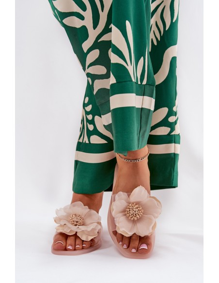 Transparent Flat Ladies Slippers With Artificial Flower Nude Vobetta