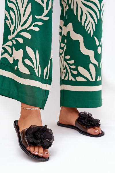 Transparent Flat Women's Slippers With Artificial Flower Black Vobetta