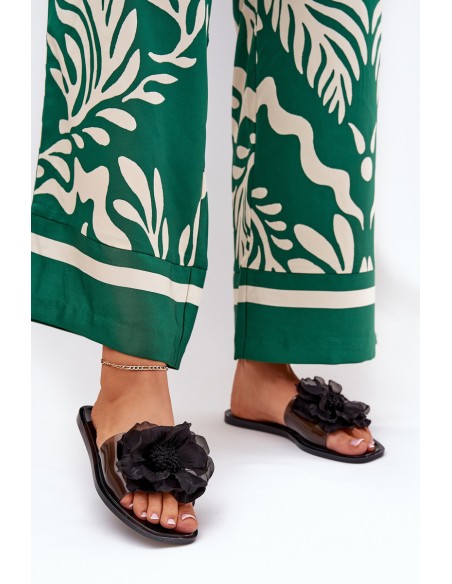 Transparent Flat Women's Slippers With Artificial Flower Black Vobetta