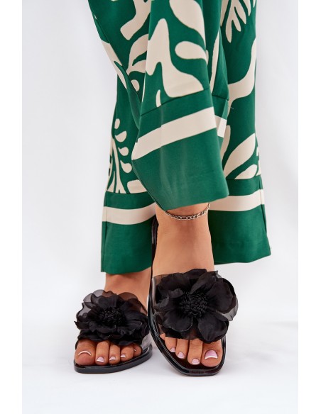 Transparent Flat Women's Slippers With Artificial Flower Black Vobetta
