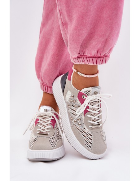 Ladies Sports Shoes With Mesh And Studs Gray Ogalda