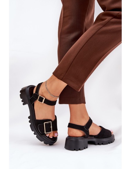 Eco Suede Sandals Women's With Buckle Black Gofielle