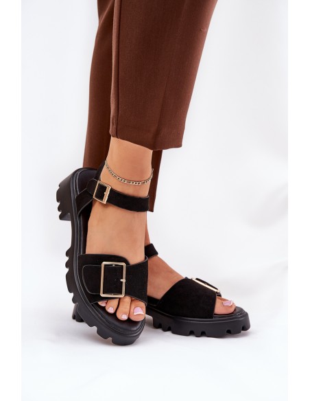 Eco Suede Sandals Women's With Buckle Black Gofielle