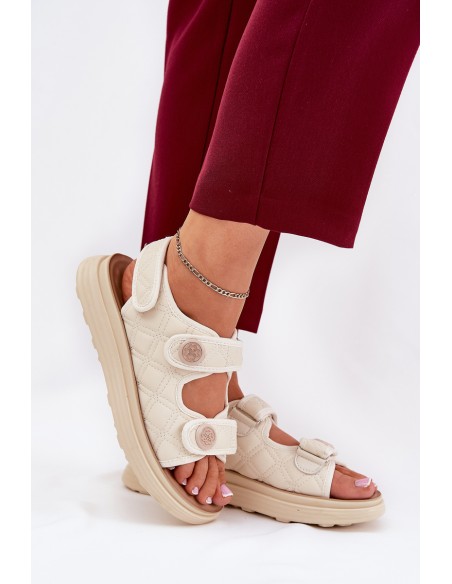 Women's Sandals With Decorative Details On Velcro Beige Zoliner