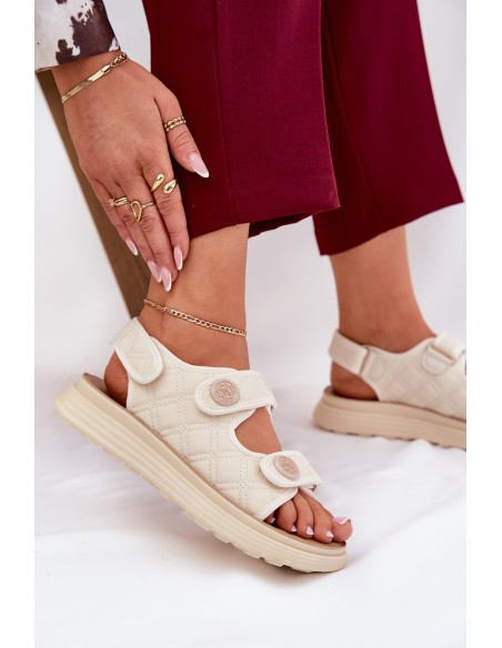 Women's Sandals With Decorative Details On Velcro Beige Zoliner