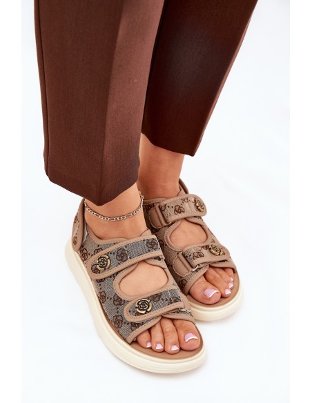 Women's Patterned Fabric Sandals With Golden Details Khaki Pefese