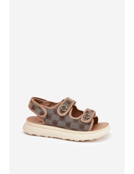 Women's Patterned Fabric Sandals With Golden Details Khaki Pefese