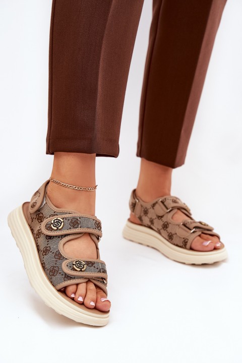 Women's Patterned Fabric Sandals With Golden Details Khaki Pefese
