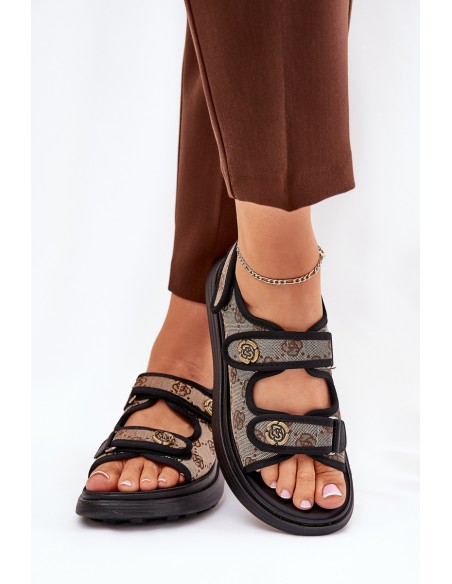 Ladies Patterned Fabric Sandals With Golden Details Beige-Black Pefese
