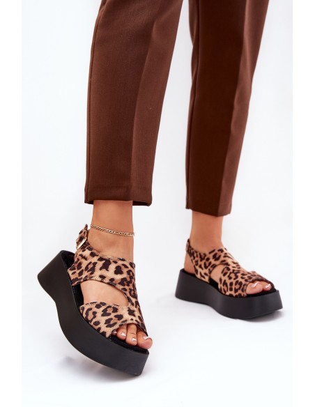 Women's Sandals With Leopard Print On Platform Eco Suede Brown Karonia