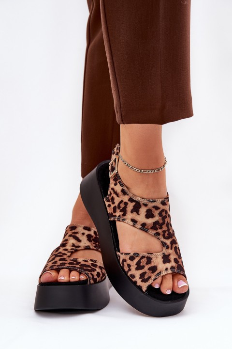 Women's Sandals With Leopard Print On Platform Eco Suede Brown Karonia