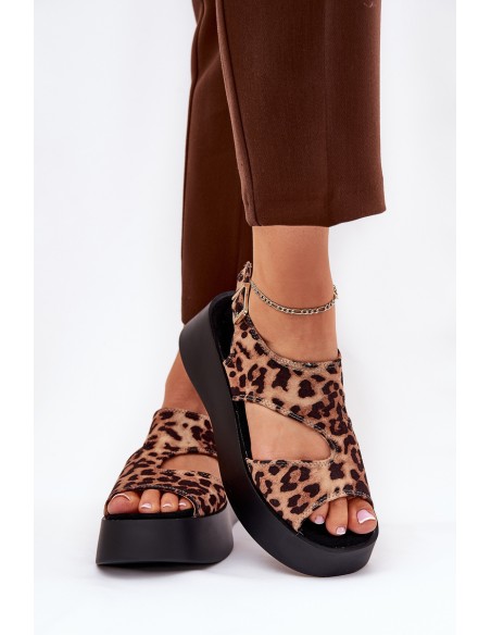 Women's Sandals With Leopard Print On Platform Eco Suede Brown Karonia