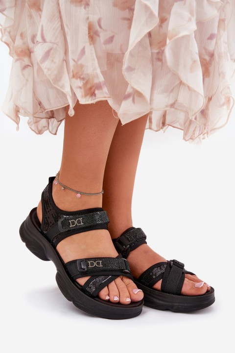 Ladies Sandals With Sequins With Velcro Black Gonev