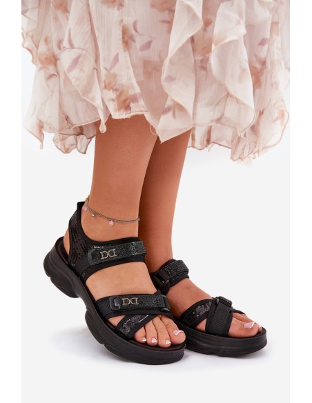 Ladies Sandals With Sequins With Velcro Black Gonev