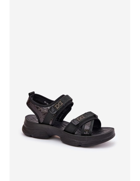 Ladies Sandals With Sequins With Velcro Black Gonev