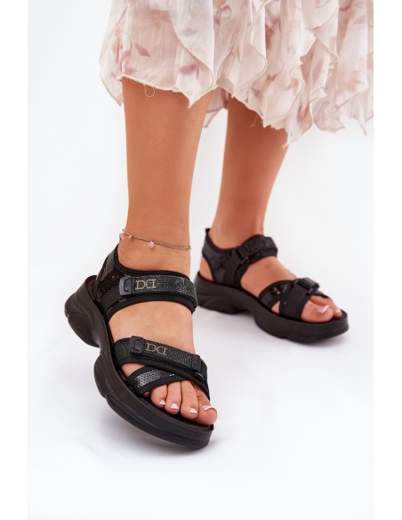 Ladies Sandals With Sequins With Velcro Black Gonev