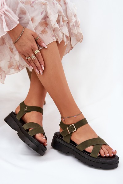 Ladies platform sandals made of eco leather dark green Gevinniser