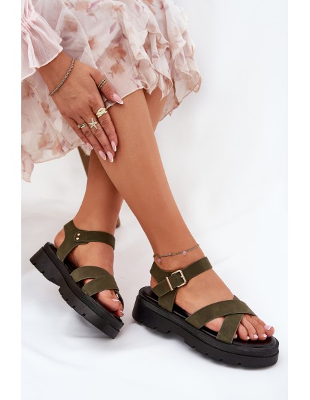 Ladies platform sandals made of eco leather dark green Gevinniser