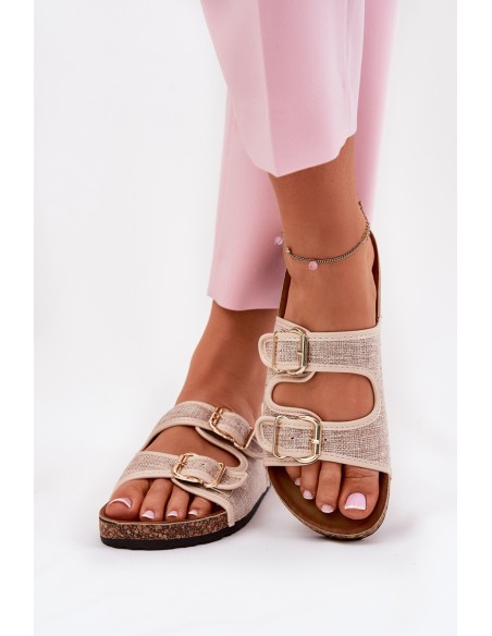 Women'S Fabric Slippers On Cork Platform With Buckles Beige Osoffe