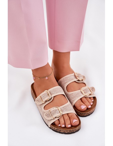 Women'S Fabric Slippers On Cork Platform With Buckles Beige Osoffe