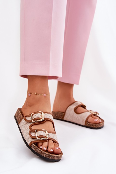 Fabric Women's Slippers on Cork Platform with Buckles Camel Osoffe