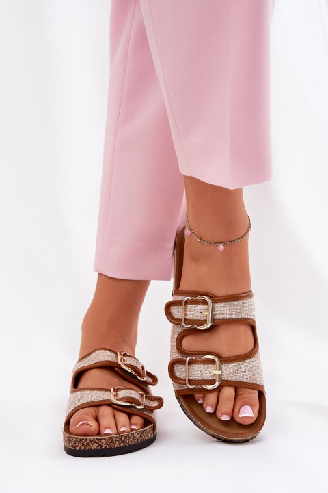 Medžiaginės moteriškos šlepetės ant kamštienos platformos su sagtimis Camel Osoffe