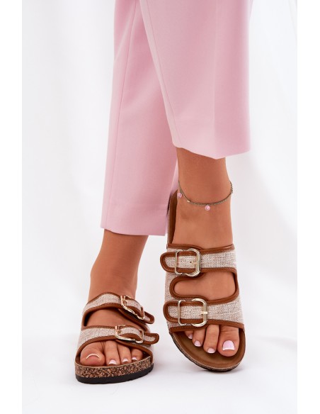 Medžiaginės moteriškos šlepetės ant kamštienos platformos su sagtimis Camel Osoffe