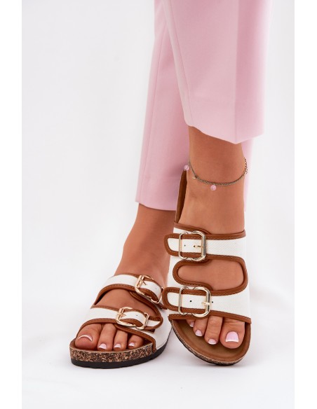 Women's Fabric Slippers On Cork Platform With Buckles White Osoffe