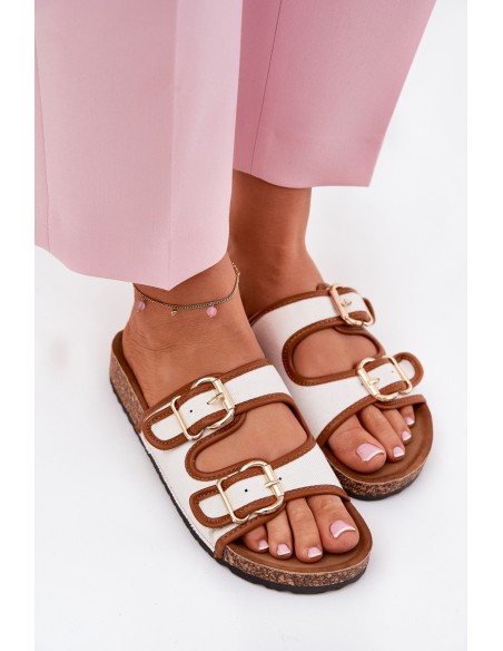 Women's Fabric Slippers On Cork Platform With Buckles White Osoffe