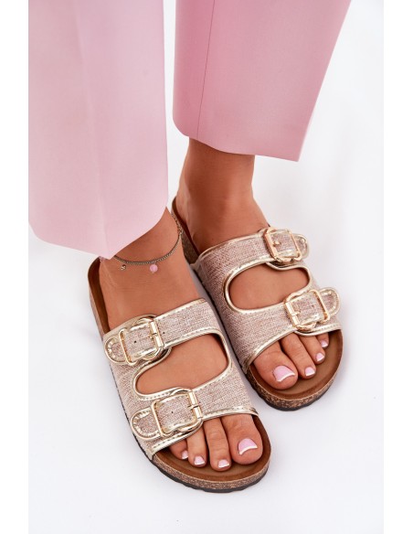 Women's Fabric Slippers On Cork Platform With Buckles Gold Osoffe
