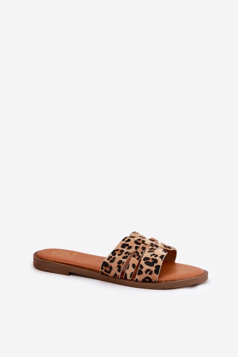 Womens Flat Heeled Sandals With Cutouts Leopard Print Brown Teterre
