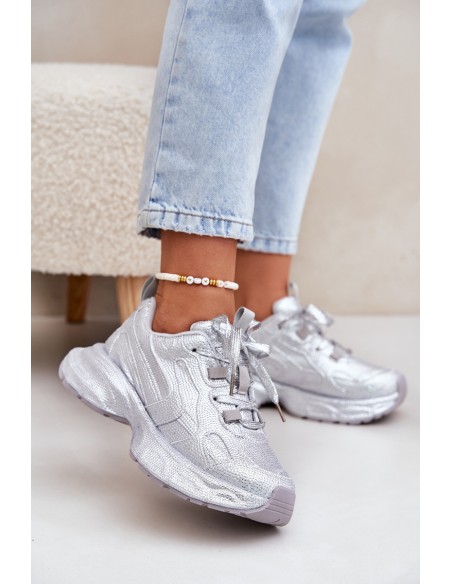 Women's Sneakers Decorated with Rhinestones Silver Porrot