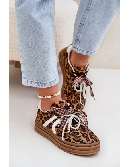 Women's sneakers in leopard print on platform with decorations brown Vinness