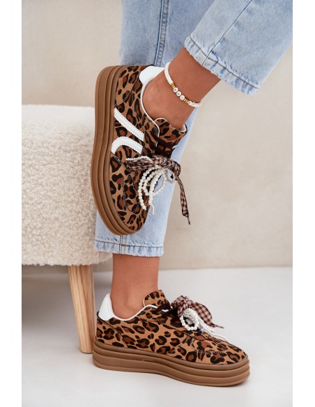 Women's sneakers in leopard print on platform with decorations brown Vinness