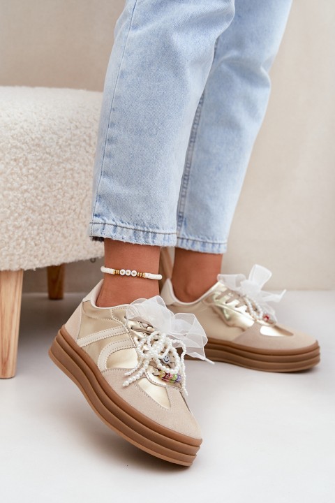 Women's Platform Sneakers With Decorations Beige-Gold Vinness