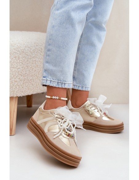 Women's Platform Sneakers With Decorations Beige-Gold Vinness