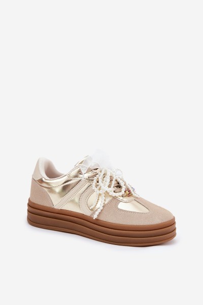 Women's Platform Sneakers With Decorations Beige-Gold Vinness 2