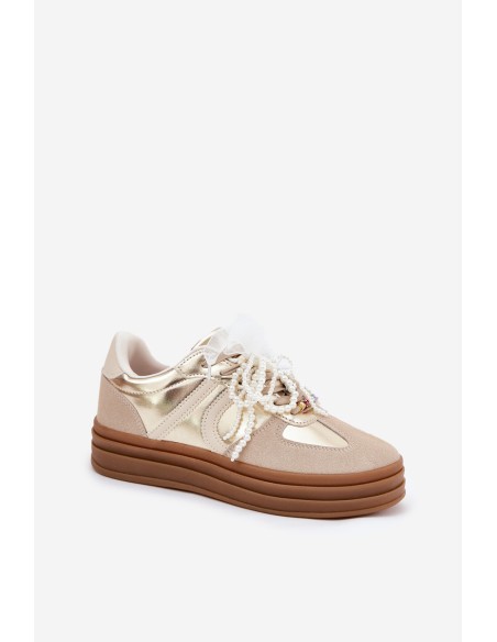 Women's Platform Sneakers With Decorations Beige-Gold Vinness